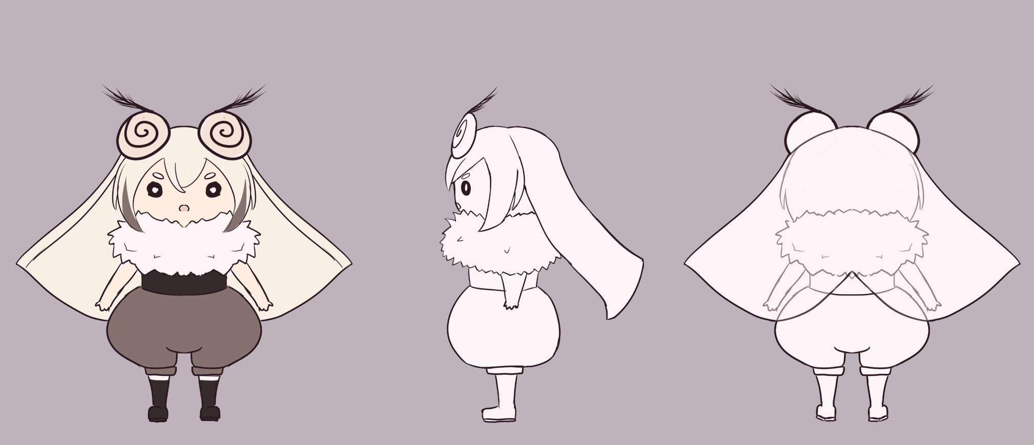A character rotation of a Silk Moth like character, Monith is tiny girl with her wings acting like hair and a pair of swirly eyes on top of her head.
