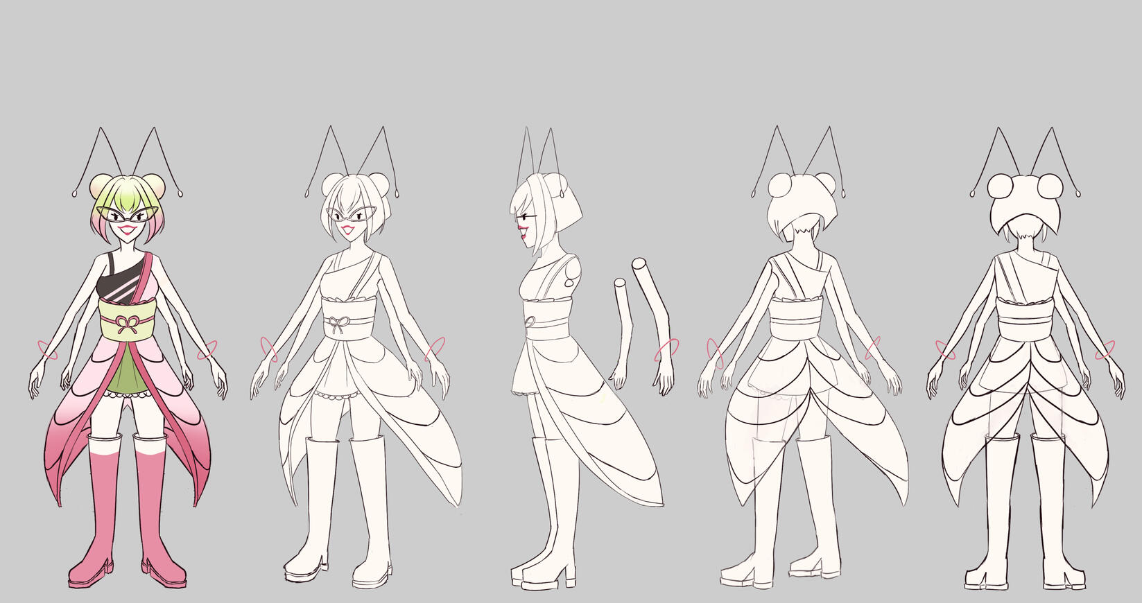 A character rotation of a humanoid lotus mantis. Her name is Orintis, a fashion designer known for her crafts made by her 4 arms and the rumours of trafficking silk moth larvaes for their silk.