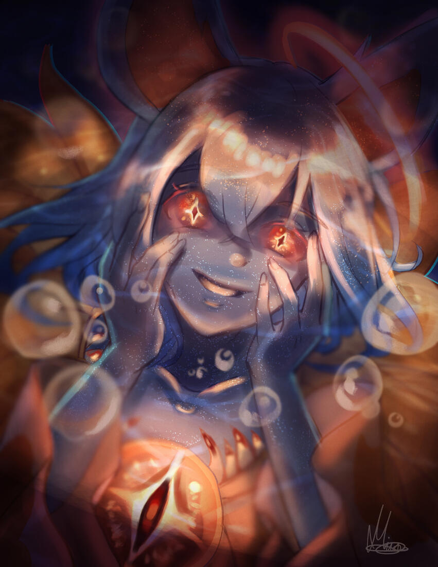 A creepy mugshot of a sea angel with human form to lure her prays and attack them with her true fangs that is her dress. Her appearance is mainly blue with short hair and a orange halo wrapped around her left ear. Her dress is orange with fangs around her