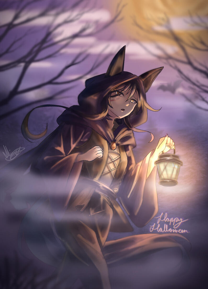 A purple and yellow composition with a wolf like person lost in a forest in the darkest night. They are wearing a long black cloak and carrying an oil lamp.