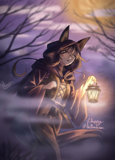 A purple and yellow composition with a wolf like person lost in a forest in the darkest night. They are wearing a long black cloak and carrying an oil lamp.