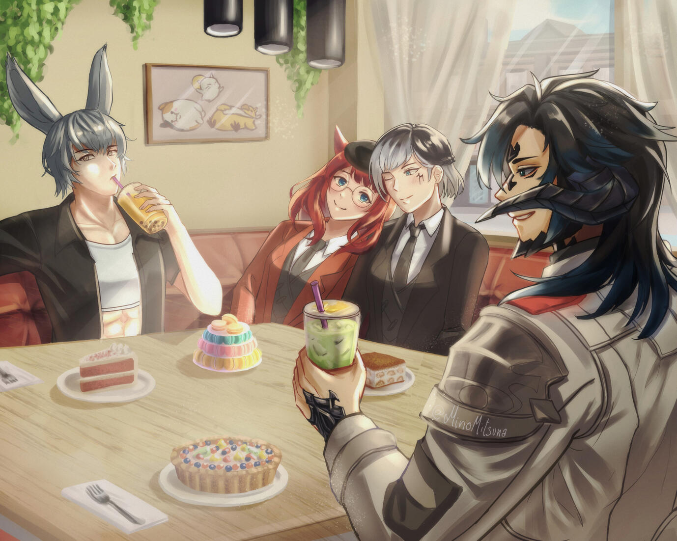 4 friends hanging out on a cafe. All characters are races from the existing game MMORPG game Final Fantasy 14. The illustrates them enjoying their drinks and snacks during the Gong Cha FFXIV collab.