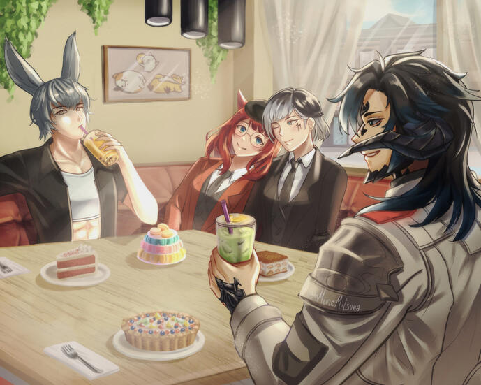 4 friends hanging out on a cafe. All characters are races from the existing game MMORPG game Final Fantasy 14. The illustrates them enjoying their drinks and snacks during the Gong Cha FFXIV collab.