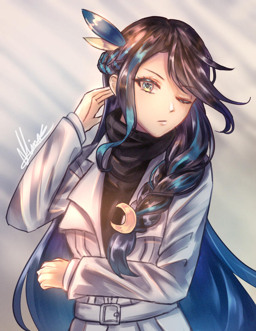 My OC mascot. Minori, a young adult girl with long black hair with a blue ombre gradient on her lowest section and with neatly tied braid on her left side with a crescent moon crunchie. She is wearing a black turtleneck sweater and a white jacket/