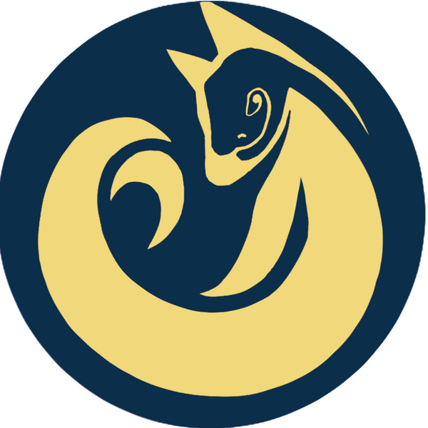 Logo of Mino Myst, a yellow and blue logo, the yellow creates a silhouette of a fox and the negative space of the blue is the image of a snake.